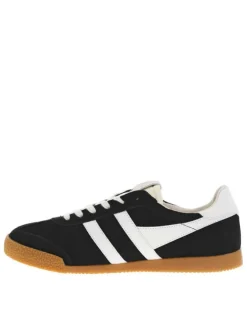 Baskets tennis noires en cuir à semelle camel avec lacets plats et logo doré