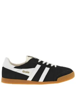 Baskets tennis noires en cuir à semelle camel avec lacets plats et logo doré