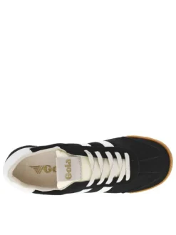 Baskets tennis noires en cuir à semelle camel avec lacets plats et logo doré