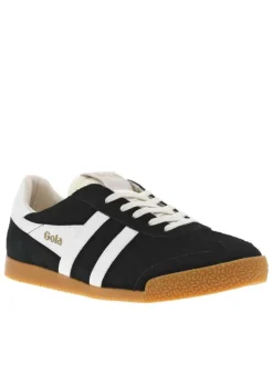 Baskets tennis noires en cuir à semelle camel avec lacets plats et logo doré