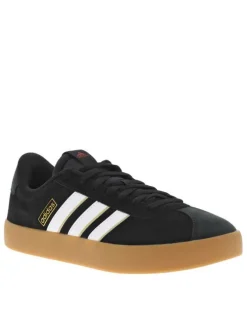 Baskets tennis noires plates et à lacets avec bandes blanches et liserés dorés