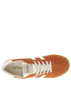 Baskets tennis orange en cuir avec lacets plats, logo doré et semelle marron