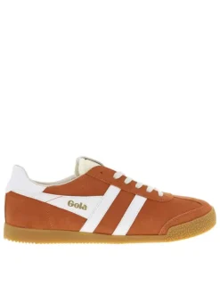 Baskets tennis orange en cuir avec lacets plats, logo doré et semelle marron