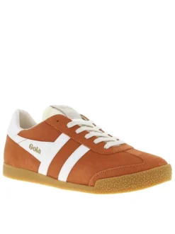 Baskets tennis orange en cuir avec lacets plats, logo doré et semelle marron