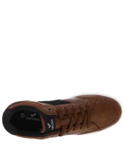 Baskets tennis simili cuir marron avec bandes en jean et lacets plats