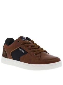 Baskets tennis simili cuir marron avec bandes en jean et lacets plats