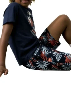 Bermuda jogging en coton biologique marine imprimé tropical à coupe regular fit