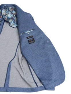 Blazer bleu avec un imprimé aspect denim et une coupe ajustée à poches