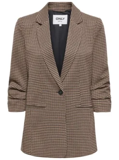 Blazer brun pied de poule avec une coupe droite à col v et des manches longues