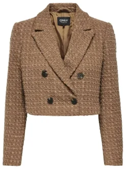 Blazer camel en tweed à coupe cropped col cranté et à manches longues