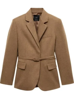 Blazer camel uni droit à col cranté et à manches longues avec ceinture
