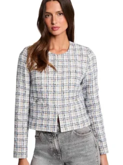 Blazer court blanc à carreaux avec une coupe ajustée et un col rond