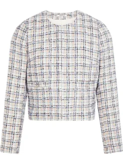 Blazer court blanc à carreaux avec une coupe ajustée et un col rond