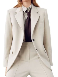 Blazer écru uni avec une coupe droite et un un col cranté à revers