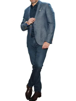 Blazer de costume en coton mélangé indigo chiné avec un col cranté