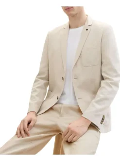 Blazer en coton et lin mélangé camel uni coupe droite col cubain