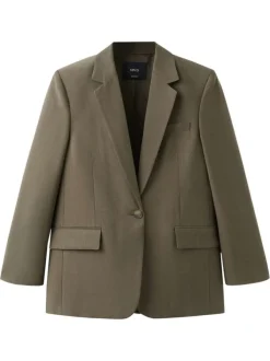 Blazer en coton kaki uni pourvu d'un col à revers et d'une coupe droite