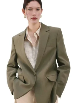 Blazer en coton kaki uni pourvu d'un col à revers et d'une coupe droite