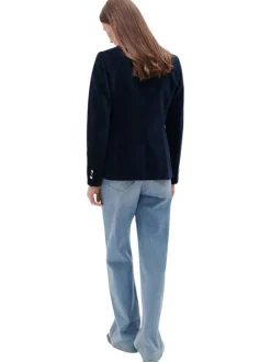 Blazer en coton marine uni avec coupe droite, col cranté et boutons dorés