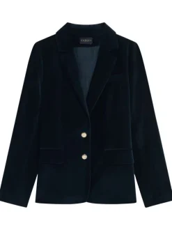 Blazer en coton marine uni avec coupe droite, col cranté et boutons dorés