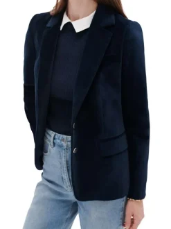 Blazer en coton marine uni avec coupe droite, col cranté et boutons dorés