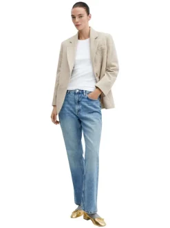 Blazer en laine mélangée beige avec un imprimé pied de poule et un col cranté