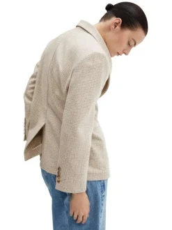 Blazer en laine mélangée beige avec un imprimé pied de poule et un col cranté