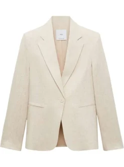 Blazer en lin beige clair uni à coupe cintré avec des poches passepoilées