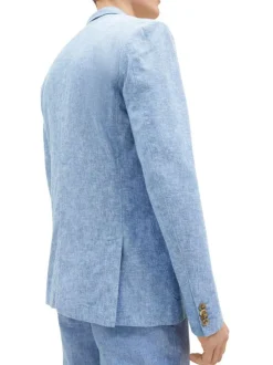 Blazer en lin et coton bleu chiné avec une coupe ajusté et un col cranté