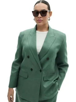 Blazer en lin vert uni avec une coupe droite et un col à revers