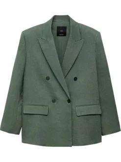 Blazer en lin vert uni avec une coupe droite et un col à revers