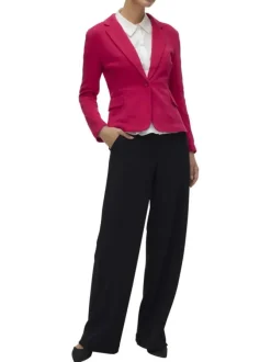 Blazer fuchsia coupe ajustée pourvu d'un col cubain et de manches longues