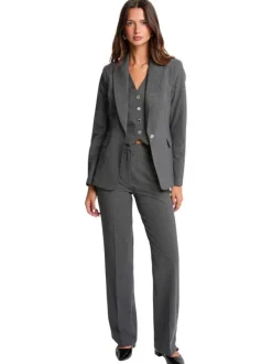 Blazer gris rayé coupe ajustée avec un col tailleur et des manches longues