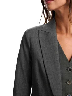 Blazer gris rayé coupe ajustée avec un col tailleur et des manches longues