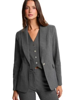 Blazer gris rayé coupe ajustée avec un col tailleur et des manches longues