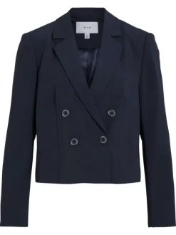 Blazer marine uni avec une coupe droite à col à revers et des manches longues