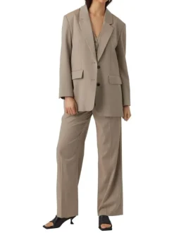 Blazer mi-long chocolat chiné à coupe droite col cranté et à manches longues