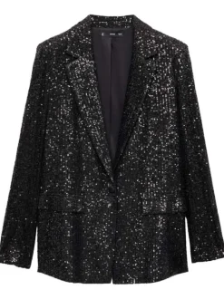 Blazer noir avec sequins à coupe droite, col à revers et à manches longues