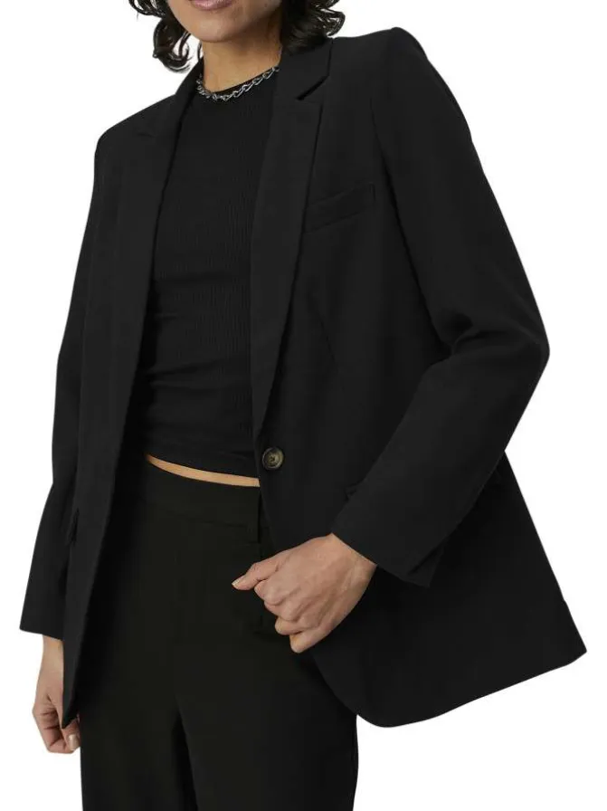 Blazer noir uni avec une coupe droite un col cranté et des manches longues
