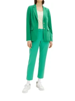 Blazer vert satiné léger à col cranté à revers et fermeture 2 boutons nacrés