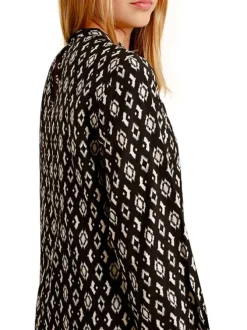 Blouse noire à imprimé losanges droite avec col rond et à manches longues