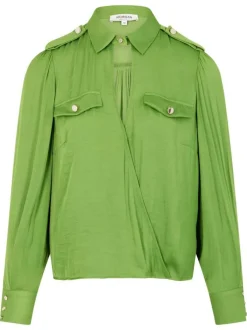 Blouse anis unie droite à col français et à manches longues à fronces
