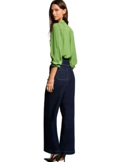 Blouse anis unie droite à col français et à manches longues à fronces