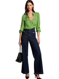 Blouse anis unie droite à col français et à manches longues à fronces