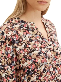 Blouse beige imprimé floral à coupe droite col v et à manche 3/4