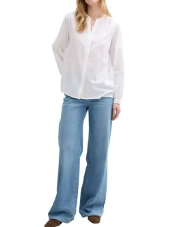 Blouse blanches à pois multicolores en coton avec un col v et une coupe ample