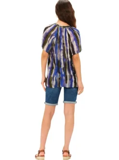 Blouse bleue imprimée ample et fluide à col v et à manches courtes