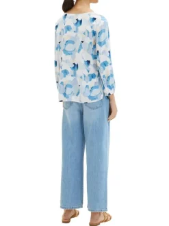 Blouse bleue imprimée avec une coupe droite col v et manches longues