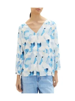 Blouse bleue imprimée avec une coupe droite col v et manches longues