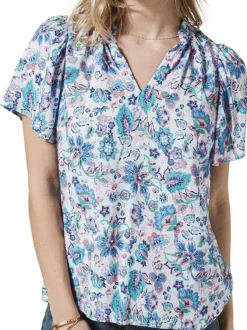 Blouse bleue imprimée de fleurs avec un col italien et des manches courtes